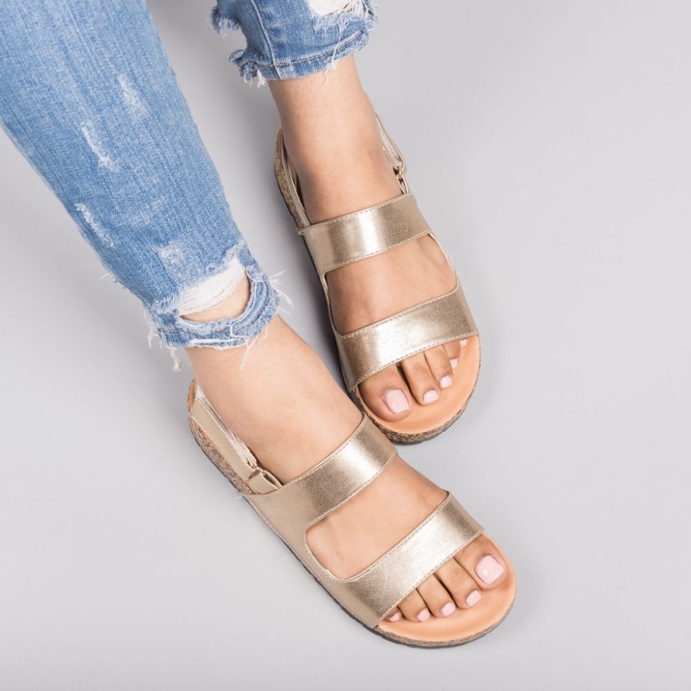 LADIES GOLD DOUBLE STRAP VELCRO CORK SANDALS